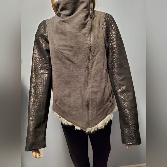 HELMUT LANG -"Chasm" Shearling lined leather sleeve diagonal zip jacket size M/L - Picture 3 of 9